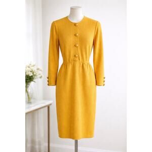 Vintage St. John by Marie Gray Knit Dress Yellow Gold Button Front USA Size 8